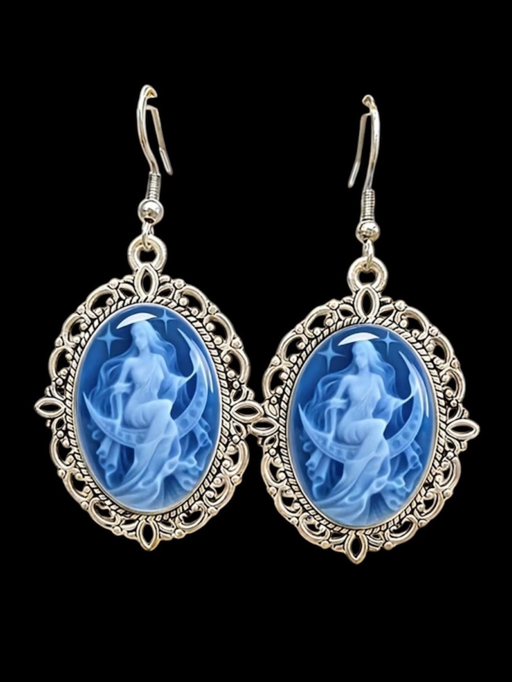 Blue Cameo Moon Goddess Drop Earrings in Silver Tone Filigree 1.25”